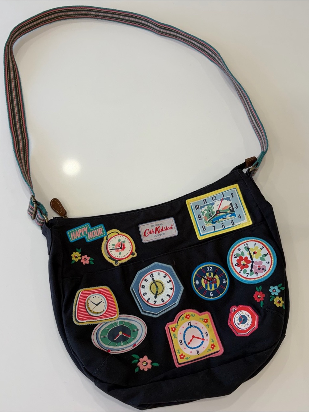 Cath Kidston “”Happy Hour” Black Crossbody Bag with Multi-Color Clock Patches